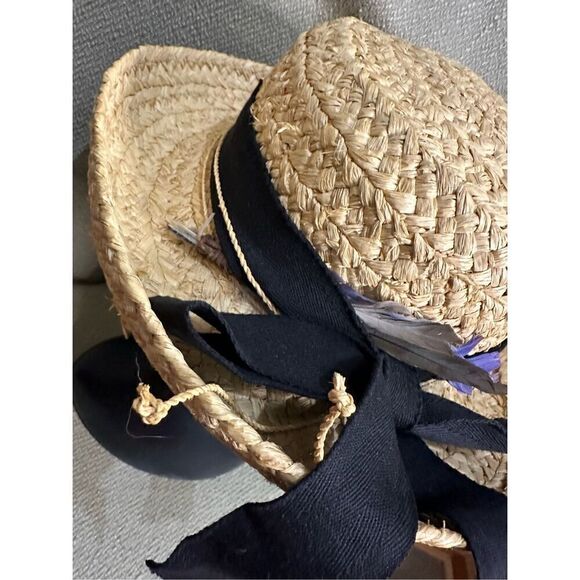 Vintage Scala Collection Woven Straw Hat Black Ribbon Trim Bow Feather Boho - Picture 7 of 10